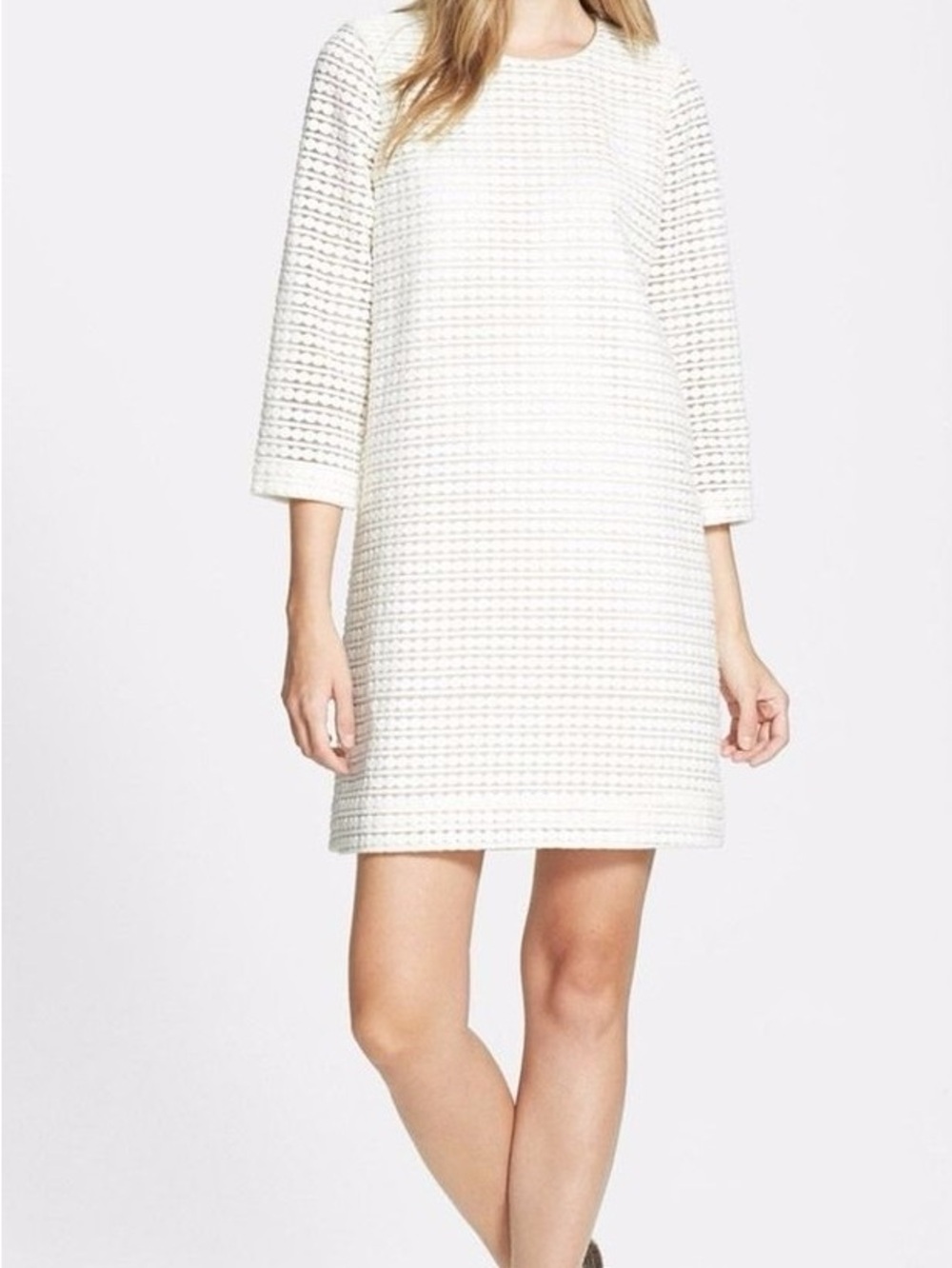 Kate Spade New York Cream Scalloped Eyelet Shift Dress Size 0 Ivory 3/4 Sleeve